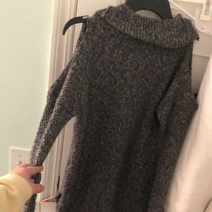 Grey cowl neck sweater with open shoulders